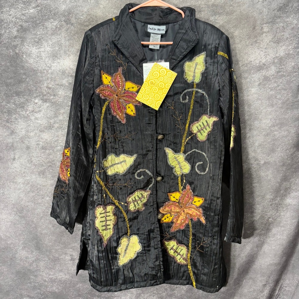 Indigo Moon Embroidered Beaded Floral Long Jacket Size M Black Art to Wear Boho
